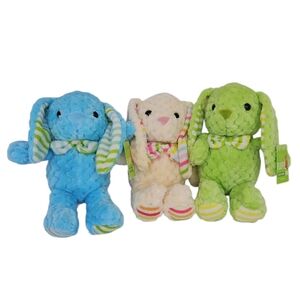 Easter Plush Bunny With Bows Trio Set Blue, Cream, and Green Stuffed Animals 9"